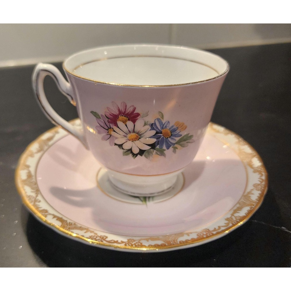 Vintage Duchess Pink Floral Bone China Teacup Sutherland Mismatched Saucer Set